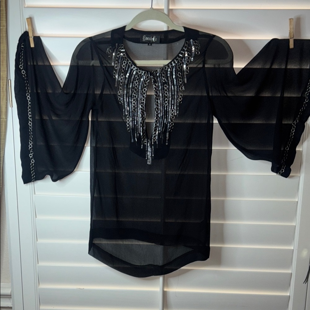 Sioni Black and Silver Embellished 3/4 Sleeve Blouse